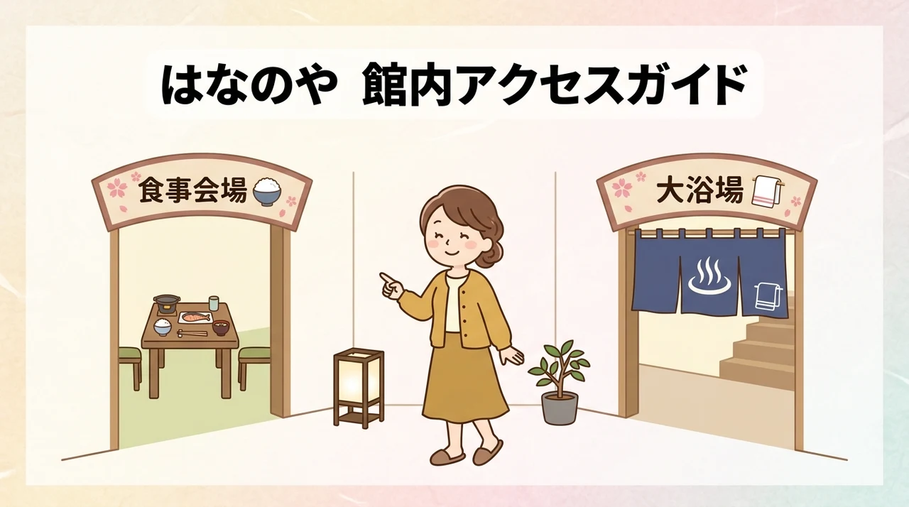 はなのやの食事会場と大浴場へのアクセス