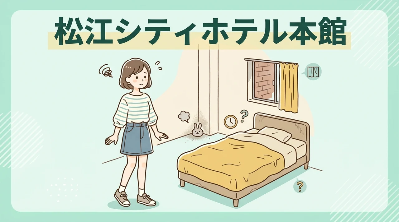 松江シティホテル本館のデメリット3つのイメージ画像(建物の経年劣化・深夜の門限制限・エレベーターの混雑)