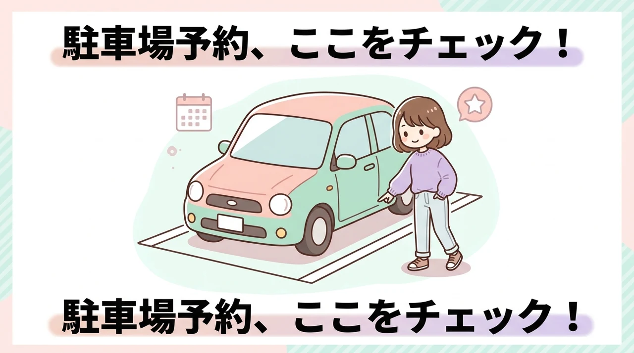 アクセス・パーキング予約時の注意点のイメージ画像(先着順の駐車場利用・周辺コインパーキング・最寄りバス停からの距離)