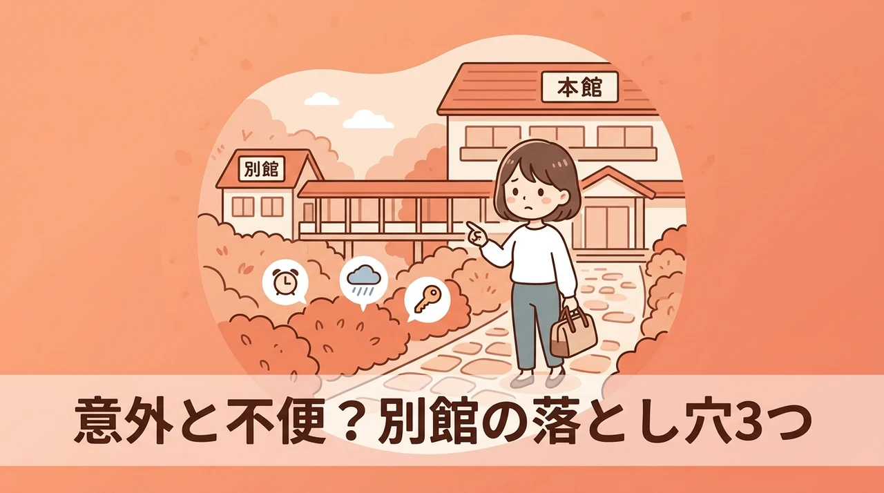 注意!別館を利用する際に感じるデメリット3つのイメージ画像(本館への屋内移動・宿泊料金の高さ・少人数向け客室の不足)