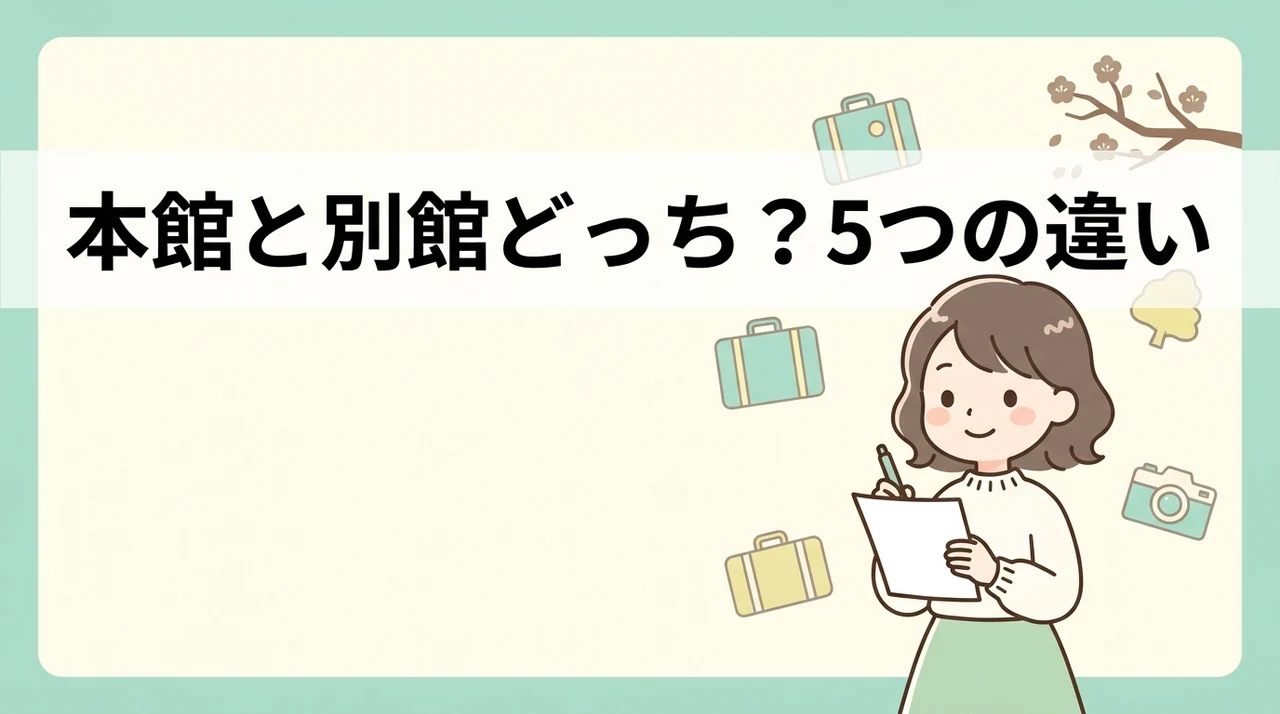 小樽グリーンホテルの本館と別館の主な違い5つのイメージ画像(温泉施設への近さ・客室の喫煙可否・フロント・設備の集約)