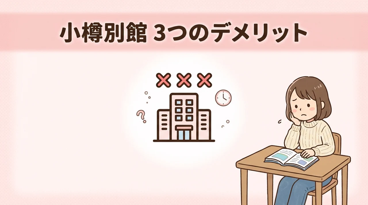 Tabist THE GREEN OTARU 別館のデメリット3つのイメージ画像(温泉利用時に外に出る・本館での受付が必要・冬場の移動が負担)